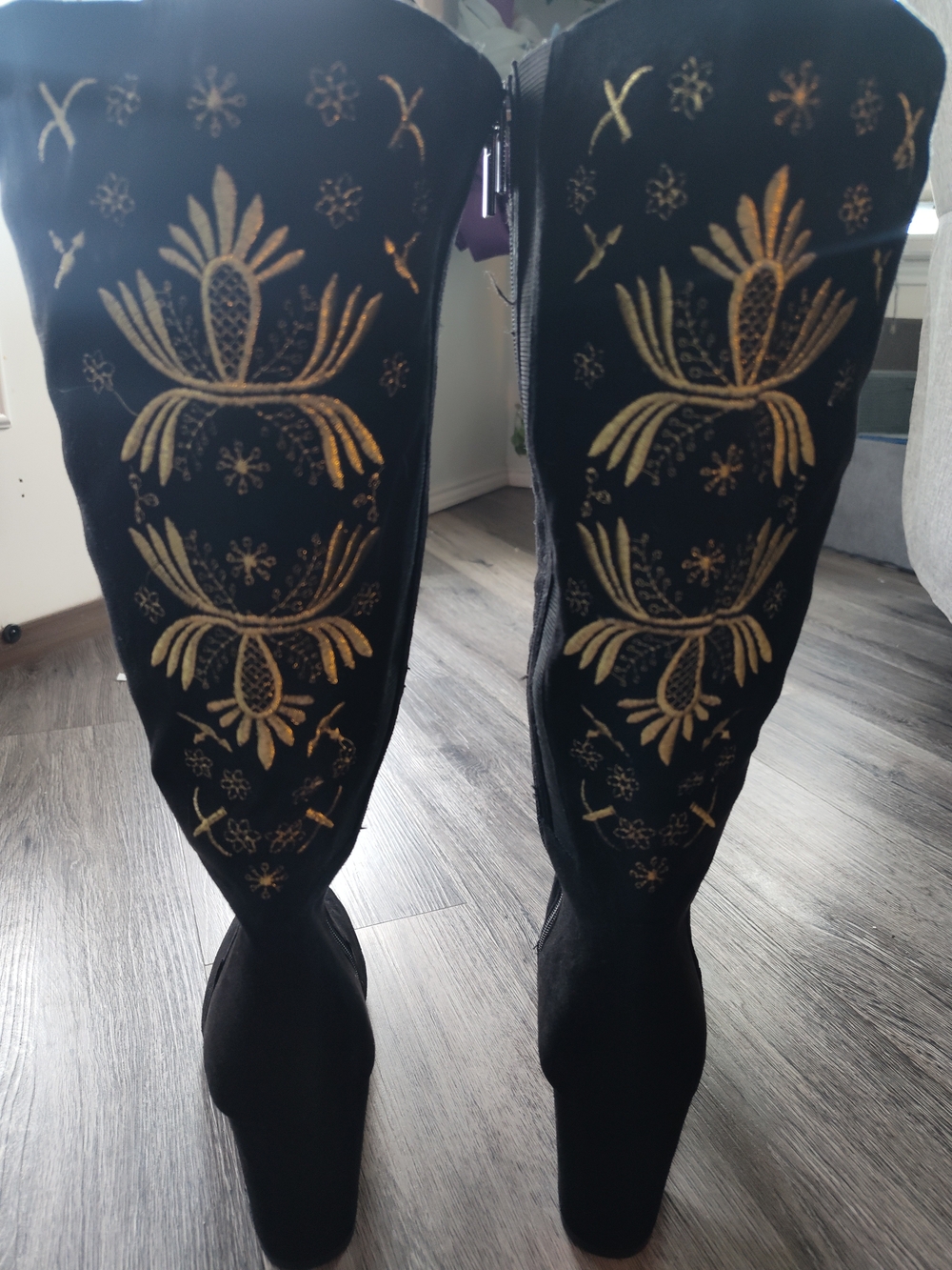 Embroidered Black Over-the-Knee Heeled Boots with Gold Detail